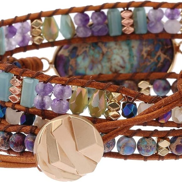 Women Boho Handmade Natural Stone Crystal Leather Bead Wrap Bracelets Collection - Picture 3 of 7